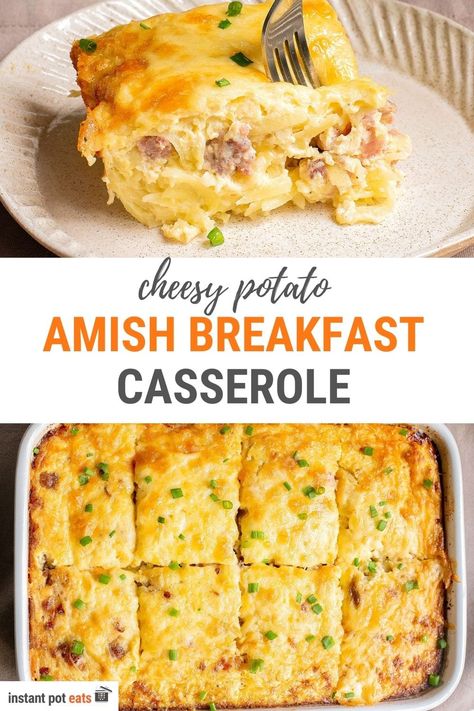 This Amish Breakfast Casserole is a homestyle dish that brings a delicious blend of potatoes, bacon, sausage and cheese to your breakfast table. This heartwarming and comforting casserole is an oven-baked recipe. Whether you're preparing a family breakfast or looking for a make-ahead dish for busy mornings, this breakfast potato casserole is a perfect choice. Cheese Breakfast Potatoes, Breakfast Casserole Sweet Potato, Potato Breakfast Bake, Amish Breakfast, Potato Breakfast Casserole, Amish Breakfast Casserole, Potato And Egg Breakfast, Cheesy Potato Bake, Breakfast Potato