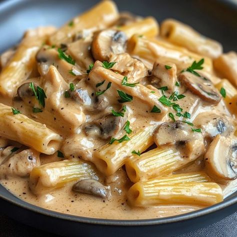 Tasty Recipes & Cooking Ideas by Thalia's Tasty | Creamy Chicken Mushroom Pasta with Rigatoni | Facebook Moxies Chicken Madeira Rigatoni Recipe, Mushroom Rigatoni, Creamy Chicken Mushroom Pasta, Chicken Madeira, Creamy Chicken Mushroom, Chicken Mushroom Pasta, Rigatoni Recipes, Italian Romance, Rigatoni Pasta