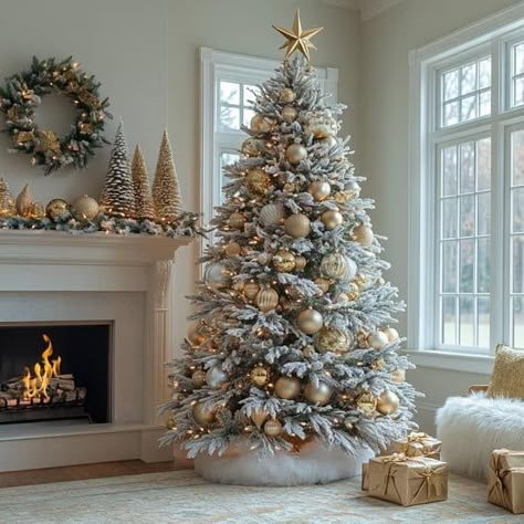 Christmas Decor Family Room, White Gold Christmas Tree Ideas, Magical Christmas Tree, Emerald Green And Gold Christmas Tree, Christmas Decor Ideas Gold, Silver And Gold Christmas Decor, Classy Christmas Tree, Warm Christmas Decor, House Refurbishment