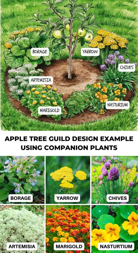 Best Apple Tree Companion Plants for a Thriving Orchard Tree House Garden, Apple Tree In Garden, Apple Tree Companion Plants, Orchard Garden Design, Apple Guild, Apple Tree Garden Design, Apple Tree Guild, Self Sustaining Garden, Permaculture Guilds