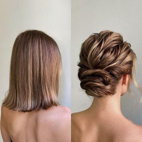 Shoulder-Length Hair Wavy Updo Updo Shoulder Length Hair Wedding, Shoulder Length Wedding Updo, Bridesmaid Updo Shoulder Length Hair, Shoulder Length Hair Wedding Updo, Wedding Updo Shoulder Length Hair, Bridesmaid Hair For Shoulder Length Hair, Short Hair Updo With Braid, Up Do Shoulder Length Hair, Easy Wedding Hairstyles Shoulder Length