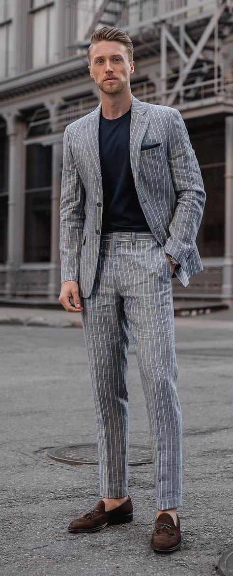 5 Pinstripe Suit Colors To Add to Your Wardrobe Now Mens Suits Style Modern Classy Black, Men’s Suit Style 2023, Suits Style For Men, Grey Striped Suit Men, Grey Pinstripe Suit Men, Mix And Match Suits Men, Mens Suits Style Modern Casual, Men Suit Colors, Classic Men's Clothing Style