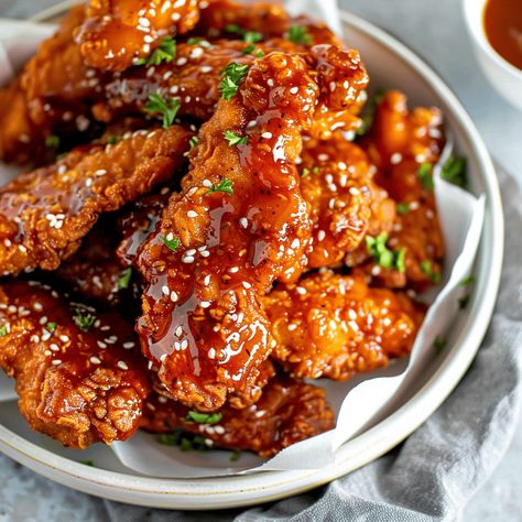 Experience the perfect blend of sweet and spicy with "Sweet Heat: Hot Honey Chicken Tenders." These crispy chicken tenders are coated in a delectable hot honey glaze that will tantalize your taste buds. Ideal for Sweet Heat Chicken Tenders, Hot Honey Tenders And Mac And Cheese, Crispy Honey Chicken Tenders, Spicy Tenders Recipe, Hot Honey Fried Chicken Tenders, Crispy Hot Honey Chicken, Copycat Chilis Honey Chipotle Chicken Crispers, Honey Glaze For Chicken, Homemade Crispy Chicken Tenders