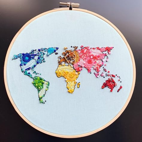 Bridgerton Embroidery, World Map Embroidery, Embroidery Map, Painting And Embroidery, Cartography Art, Freehand Embroidery, Embroidery 101, Hoop Wall Art, Embroidery Hoop Wall