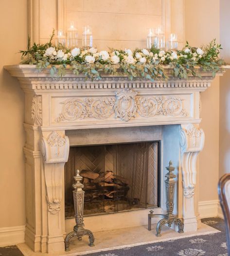 Reception fireplace mantle garland 6 floating candles Maybe Mirror in the middle? Wedding Flowers Mantel, Chimney Flower Decor, Fireplace Arrangements Wedding, Mantle Flower Arrangements Wedding, Simple Fireplace Wedding Decor, Wedding Fireplace Mantel Decor, Chimney Wedding Decor, Flowers On Mantle Wedding, Fireplace Mantel Wedding Flowers