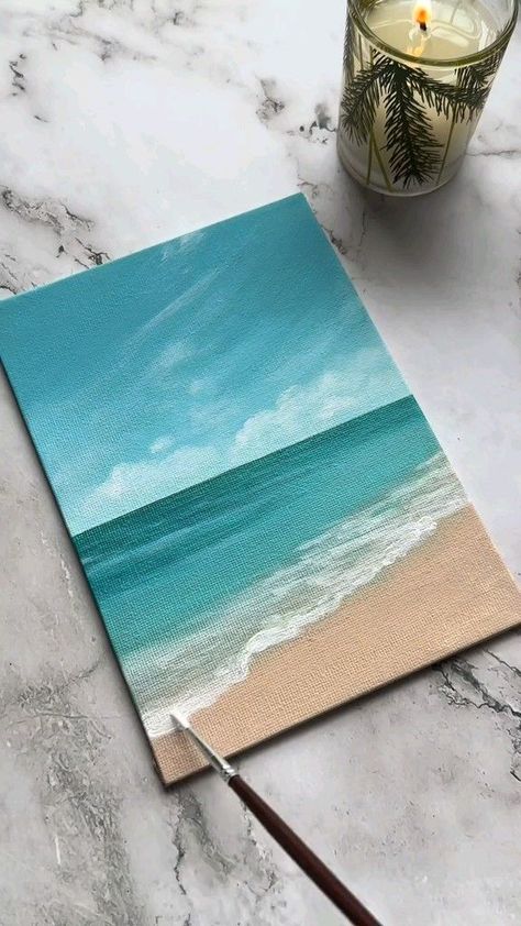 Beachside painting Beach Diy Painting, Painting Ideas Ocean Easy, Painting A Beach Scene, Simple Beach Paintings For Beginners, Basic Painting Ideas For Beginners, How To Paint An Ocean, Switch Canvas Every 5 Minutes, Easy Ocean Painting Ideas, Ocean Painting Acrylic Easy Step By Step