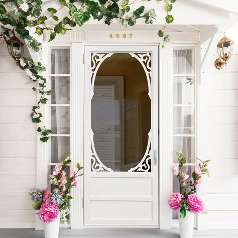 Pretty Storm Doors, Cottage Garden Sheds, Screen Installation, Wooden Screen Door, Diy Screen Door, Victorian Porch, Barn Door Installation, Door Vinyl, Storm Doors