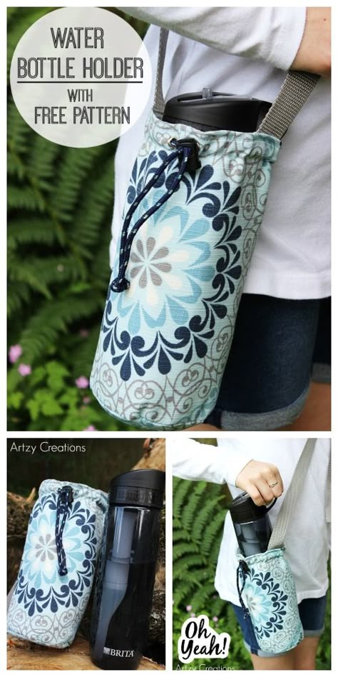 DIY Water Bottle Holder Free Sewing Patterns &Tutorials Diy Water Bottle Holder, Camping Diy Projects, Projects School, Diy Water Bottle, Diy Back To School, Water Bottle Carrier, Sewing Machine Projects, Tarot Spread, Diy Water