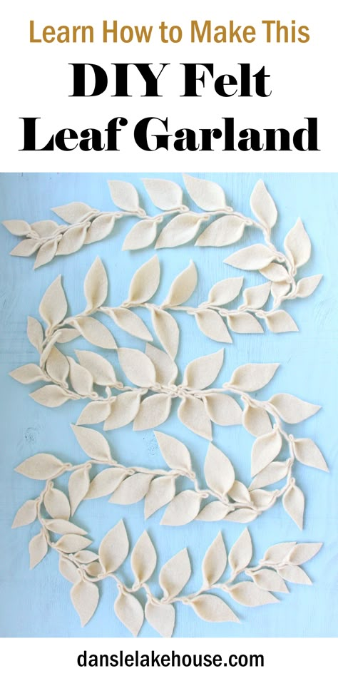 DIY felt leaf garland made by cutting up old wood blankets and sewing them into felt leaves. Neutral fall garland: cream colored felt leaves Felt Leaf Garland Diy, Felt Garland Ideas, Fall Garland Front Door, Autumn Garland Diy, Fall Garland Ideas, Ornament Garland Diy, Diy Garland Ideas, Fall Garland Diy, Felt Leaf Garland