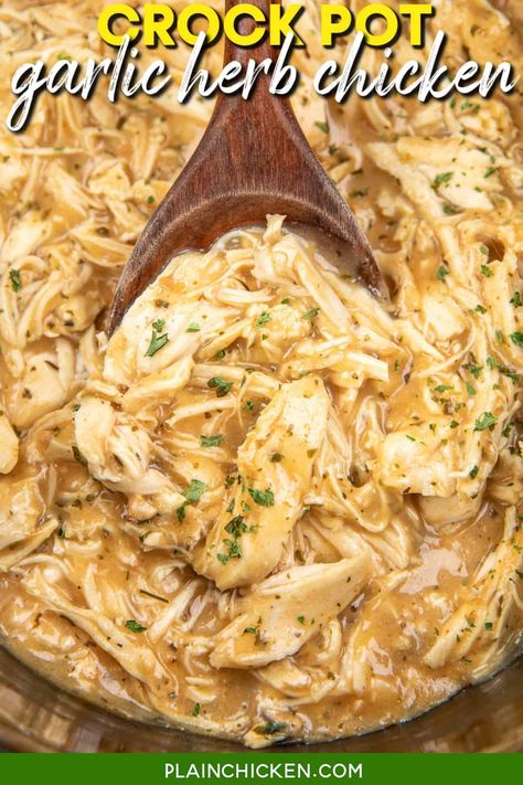 Crock Pot Garlic & Herb Chicken Recipe - a deliciously easy dinner! Tender chicken breasts slow-cooked in a creamy blend of garlic, herbs, and cream of chicken soup. Perfect for busy weeknights or comforting family meals. Serve it over mashed potatoes, rice, or noodles for a meal everyone will love! Plain Chicken Recipes, Plain Chicken Recipe, Herb Chicken Recipes, Chicken Main Dish Recipes, Herb Soup, Chicken Breast Crockpot Recipes, Garlic Herb Chicken, Crockpot Chicken Breast, Over Mashed Potatoes