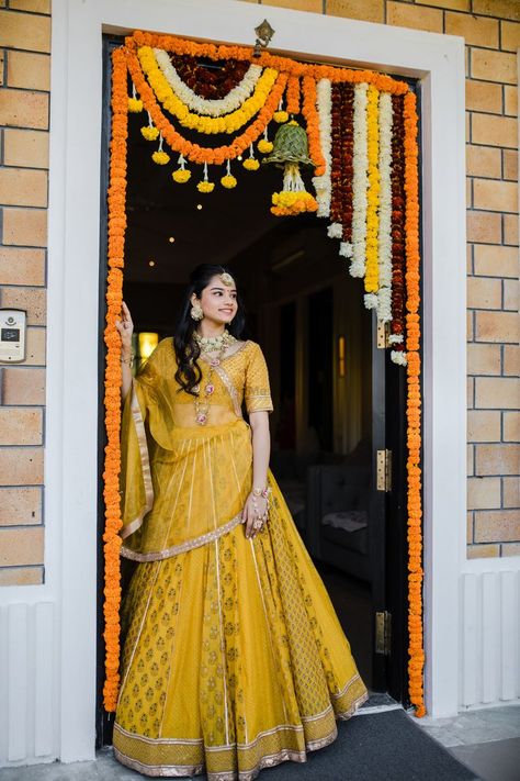 mustard yellow lehenga for haldi or mehendi Haldi Look For Bride In Lehenga, Outfit For House Warming Ceremony Indian, Outfits For House Warming Party Indian, Yellow For Haldi Function, Gruhapravesam Outfits, Haldi Function Dress For Bride Indian, Mustard Yellow Bridal Lehenga, House Warming Ceremony Outfits, Dress For Haldi Function For Bride