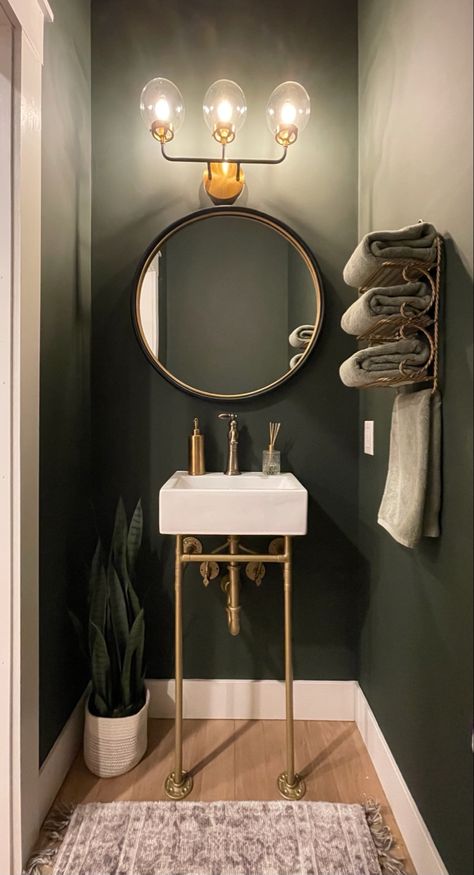 Olive Green Powder Room Ideas, Powder Room Gold Fixtures, Green Bathroom Gold Fixtures, Dark Green Paint Bathroom, Green Tile Half Bath, Green And Gold Half Bath, Small Green Powder Room Ideas, Half Bath With Gold Fixtures, Bathroom Ideas Small Green