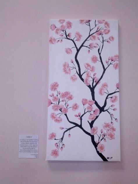 Easy Paintings Cherry Blossoms, Sakura Flower Acrylic Painting, Cherry Tree Painting Easy, Easy Sakura Painting, Cherry Bloosm Painting, Japanese Cherry Blossom Painting Acrylic, Sakura Painting Acrylic, Sakura Flower Painting, Sakura Tree Painting