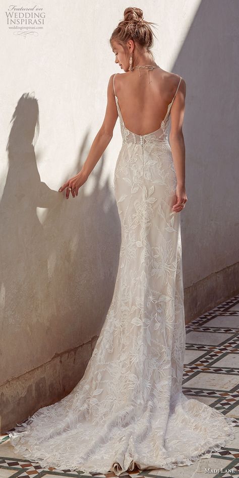 Wedding Dress Lace Fitted, Sheath Low Back Wedding Dress, Strap Wedding Dress Low Back, Backless Spaghetti Strap Wedding Dress, Wedding Dress Formfitting, Bridal Dresses Fit And Flare, Scoop Neck Fit And Flare Wedding Dress, Backless Spaghetti Strap Dress, Wedding Dress With Spaghetti Straps