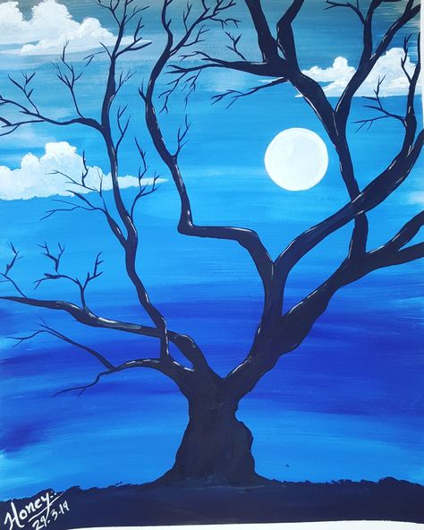 Night scenario painting by me.. which is just completed in 20 minutes.. less colours more attractive.. #moon #tree #clouds #blue💙  #artbyme #passion #proffession #love #loveartwork #insraart #thedrawingplanetbsp #drawing #painting #color Colours Drawing, Landscape Drawing Easy, Drawing Sky, Monochromatic Painting, Mad Ads, Dollar Store Christmas Decorations, Honey Art, Simple Paintings, Painting With A Twist