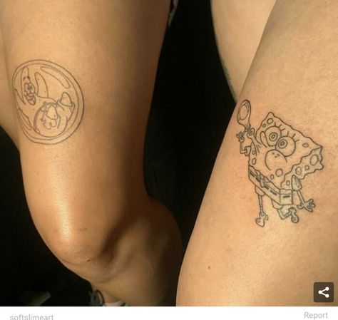 Spongebob Patrick Tattoo Best Friends, Spongebob Tattoos Friends, Spongebob Patrick And Squidward Tattoos, Iconic Duo Tattoos, Spongebob And Patrick Tattoo Ideas, Spongebob Friendship Tattoo, Spongebob Best Friend Tattoos, Spongebob And Patrick Tattoo Matching, Spongebob Friend Tattoos