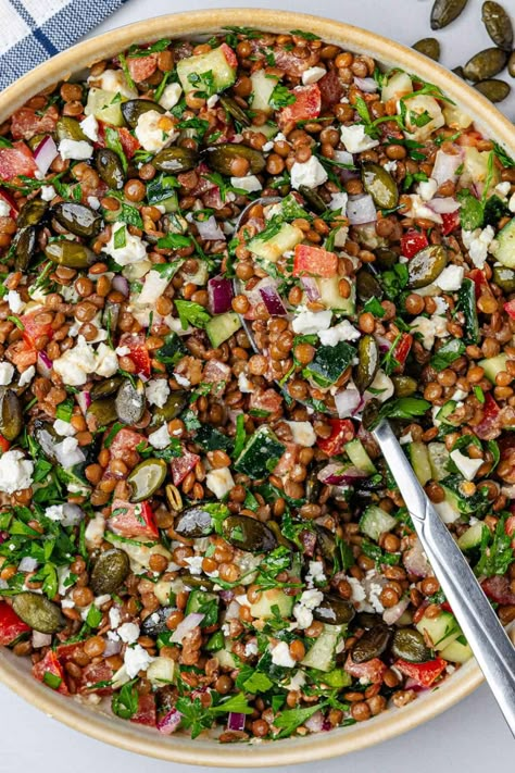 Lentil Salad (Healthy & Delicious) - Cooking With Ayeh Lemon Pesto Lentil Salad, Cava Lentils Recipe, Lentil Kale Salad, Lentil Salad Vegan, Vegan Gut Health, Recipes With Beans, Green Lentil Recipes, Lentil Bowl, Recipes Lentils