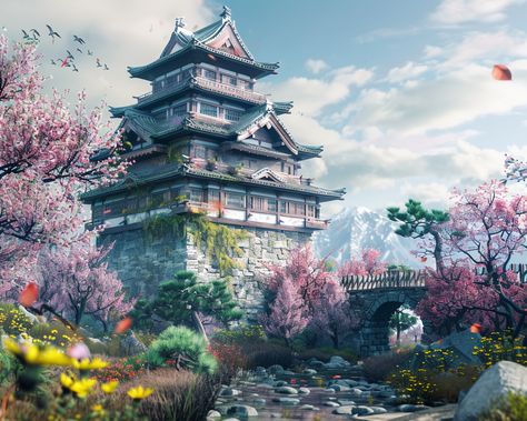 Medieval Japanese Castle with Samurai Design Japanese Fantasy Castle, Samurai Architecture, Japanese Castle Art, Chinese Castle, Anime Locations, Medieval Japanese, Minecraft Japanese, Samurai Design, Castle Background