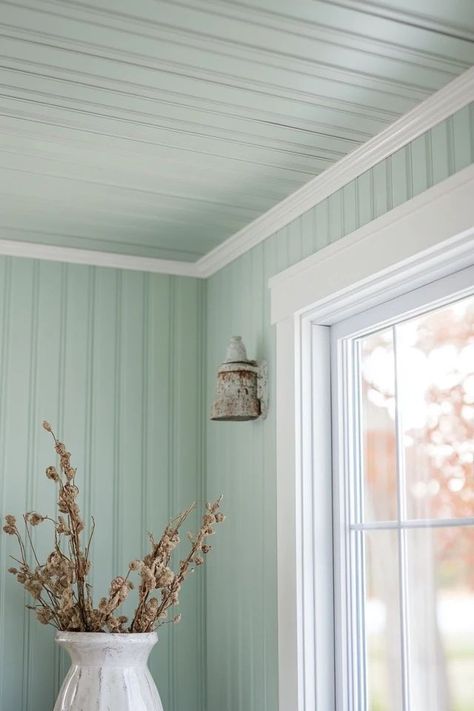 "Transform your space with the classic look of a DIY Beadboard Ceiling! 🛠️🪜 Ideal for creating a cozy and stylish atmosphere. 🌿✨ #CeilingDesign #DIYHome #BeadboardStyle" Beadboard Wall And Ceiling, Bead Board Door, Beadboard Ceiling Bedroom, Beadboard Colors, Beadboard Paneling Wall, Beadboard Ceiling Living Room, Beadboard Ceiling Kitchen, Modern Beadboard Walls, Beadboard Walls And Ceiling