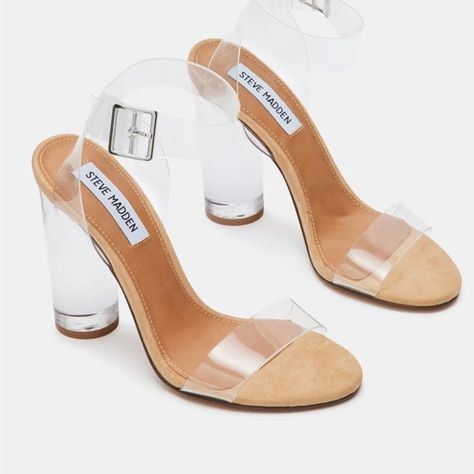 CLEARER CLEAR Steve Madden Bridesmaids Shoes Clear, Clear Shoes Heels, Jean On Jean, What Should I Buy, Clear Chunky Heels, Clear Things, Senior Hoco, Glass Heels, Wardrobe Must Haves