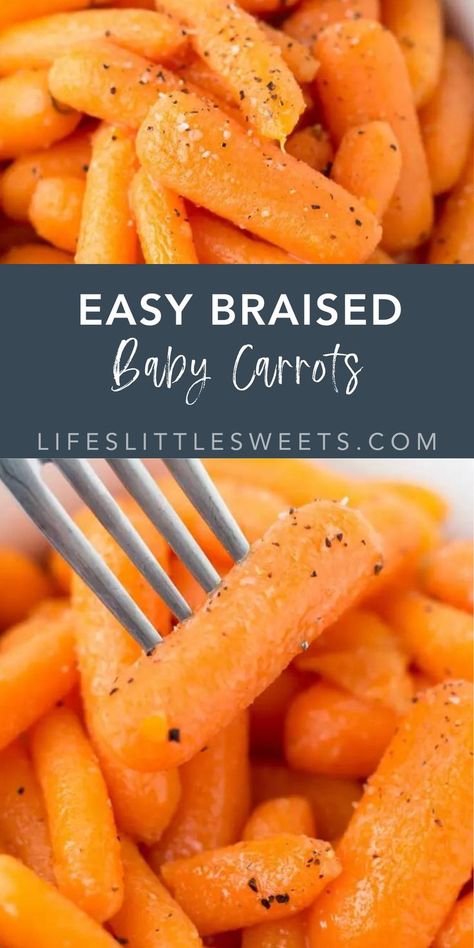 These Easy Braised Baby Carrots are a great side dish with dinner. They are tender and savory and seasoned simply with salt, pepper, and butter. (vegan option) #easy #healthy #vegan #vegetarian #simple #sides Carrot Side Recipes, Butter Carrots Stovetop, How To Cook Raw Carrots, Boiled Baby Carrots, Buttered Carrots Stovetop, Butter Poached Carrots, Buttered Carrots Recipe, Cooked Baby Carrots Recipe, Braised Carrots Recipe