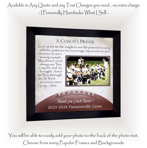 Personalized Football Coach Team Photo Thank You Gift by PhotoFrameOriginals on Etsy Soccer Coach Gifts End Of Season, Coach Appreciation Quotes, Football Coach Gift Ideas, Senior Football Gifts, Soccer Banquet, Personalized Football Gifts, Football Coach Gifts, Soccer Coach Gifts, Coach Appreciation Gifts