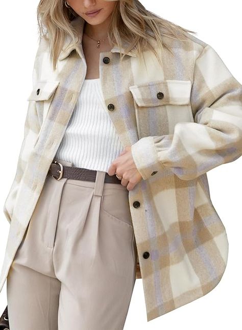 Beaully Women's Flannel Plaid Shacket Long Sleeve Button Down Chest Pocketed Shirts Jacket Coats Womens Flannel Jacket, Fall Dressing, Mommy Outfits, Oversized Button Down Shirt, Plaid Shacket, Beige Plaid, Plaid Shirts, Flannel Women, Flannel Jacket