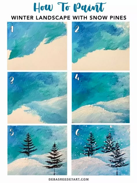 How To Draw A Winter Scene, Winter Landscape Painting Watercolor Easy, Winter Canvas Painting Ideas Easy Step By Step, Easy Acrylic Winter Paintings, Winter Paint And Sip Ideas, Winter Scene Paintings Easy, Christmas Landscape Drawing, How To Paint Snow, Winter Canvas Painting Ideas Easy