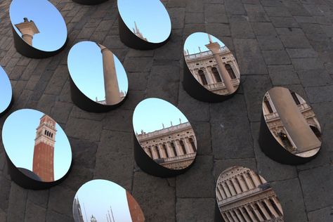 Swiveling Mirror Installation Skews Perspectives of Historic Venetian Architecture Brand Exhibition, Mirror Sculpture, Cobblestone Walkway, Diy Upholstery, Andrea Palladio, Mirror Installation, Marble Columns, Upholstery Projects, Colossal Art