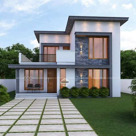 Modern flat roof style Kerala house design Simple House Designs Exterior Indian, Farmhouse Elevation Design, Modern Village House Design, Farmhouse Elevation, Budget House Design, Simple House Exterior Design, Simple Bungalow House Designs, Indian House Exterior, Flat Roof House Designs