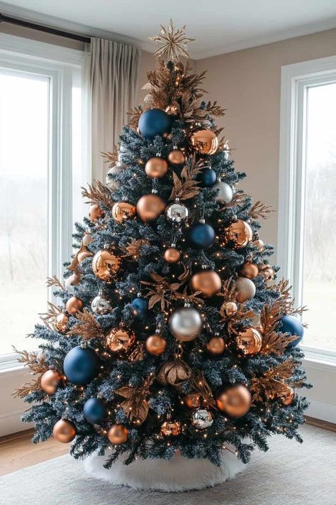 Blue Christmas Tree Christmas Themes Colors, Navy And Bronze Christmas Tree, Navy And Green Christmas Tree, Burgundy And Blue Christmas Tree, Manly Christmas Tree, Black And Blue Christmas Tree, Dark Blue Christmas Aesthetic, Xmas Tree Decorations Ideas, Christmas Tree Themes 2024