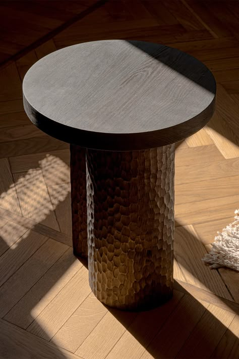 The Artesão side table celebrates skilled wood craftsmanship and is testament to the beauty of handmade furniture. The table's most striking feature is its massive central plinth, which is hand-carved and finished by Porto-based German craftsman Philipp Grundhöfer. The plinth is split in half and offset, producing a visually dynamic structure that creates a sense of asymmetry that is both intriguing and beautiful. Photography by Jonas Bjerre-Poulsen Mykonos Aesthetic, Wood Craftsmanship, Pedestal Side Table, Living Area Design, Creative Architecture, Norm Architects, Side Table Design, Milan Design, Milan Design Week