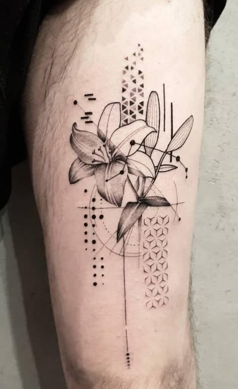 Flower With Geometric Design Tattoo, Cute Geometric Tattoos, Geometric Tricep Tattoo, Mandala Lily Flower Tattoo, Geometric Orchid Tattoo Design, Flowers Geometric Tattoo, Floral With Geometric Pattern Tattoo, Lotus Flower Tattoo Geometric, Women Geometric Tattoo