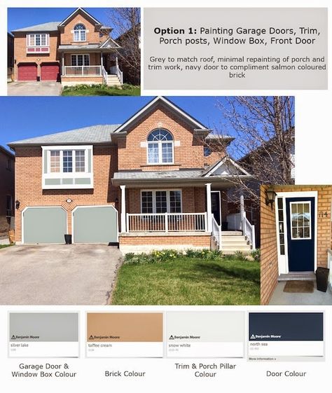 Changing the exterior colour of your house can make a huge impact for a relatively small investment (I mean it's not a negligible investment... Orange Brick House Exterior, Exterior Paint For House, Step Decor, Orange Brick Houses, Porch Beams, Yellow Brick Houses, Brick Colour, Hay Meadow, Garage Door Colors