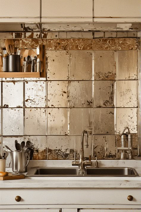 20 Unique Kitchen Backsplash Ideas You Must Try in 2024 – The Crafty Hacks Antique Mirror Backsplash Kitchen, Mirror Backsplash Kitchen, Unique Backsplash Ideas, Rock Bathroom, Unique Kitchen Backsplash Ideas, Creative Kitchen Backsplash, Backsplash Trends, Gothic Kitchen, Creative Backsplash