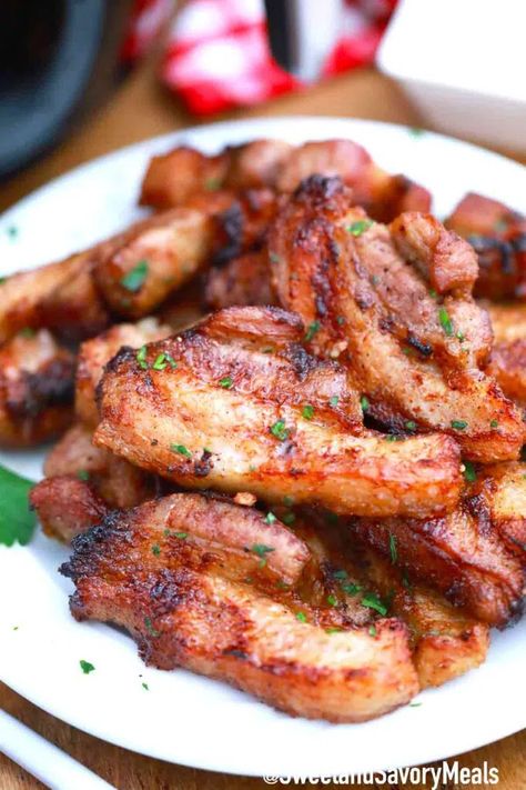 Air Fryer Pork Belly Bites - Sweet and Savory Meals Keto Pork Belly Recipes Air Fryer, Porkbelly Crispy Air Fryer, Air Fryer Pork Belly, Pork Belly Bites, Pork Belly Recipes Crispy, Pork Bites, Fried Pork Belly, Pork Belly Slices, Air Fryer Foods