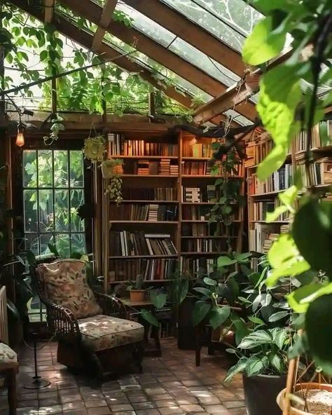 Greenhouse Bookshelf, Green House Office Design, Botanical Academia Aesthetic, Dark Academia Greenhouse, Goblincore Library, Greenhouse Bookstore, Greenhouse Aesthetic Cozy, Green House Library, Greenhouse Sitting Area