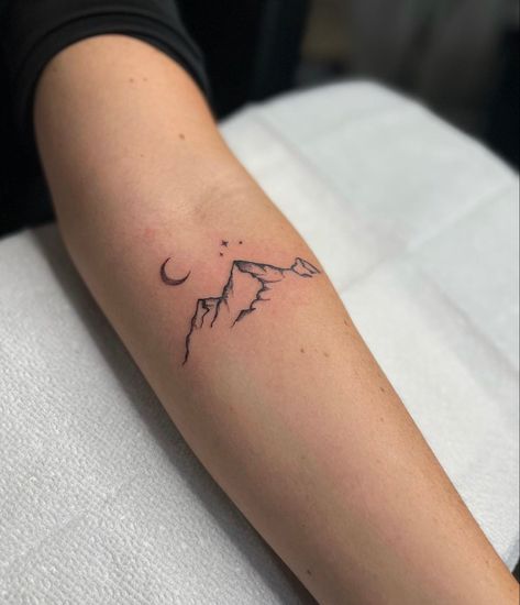 Woman Mountain Tattoo, Moon Star Mountain Tattoo, Mountain And Constellation Tattoo, Pretty Mountain Tattoos, Simple Camping Tattoo For Women, Mountain With 3 Stars Tattoo, Glacier National Park Mountain Tattoo, Matching Mountain Tattoos For Best Friends, Mountain Tattoo Linework