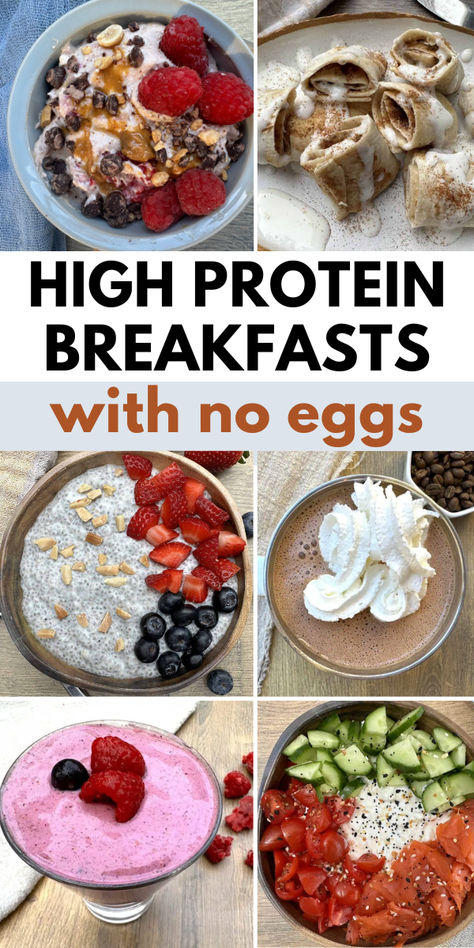 Images of high protein breakfasts with no eggs including cinnamon rolls, breakfast bowls, cottage cheese bowls and smoothies. Keto Breakfasts Without Eggs, Low Carb Protein Breakfast, Non Egg Protein Breakfast Ideas, Low Carb High Protein Breakfast No Eggs, High Protein Breakfast Ideas No Eggs, Protein Breakfast Ideas No Eggs, Protein Breakfast Without Eggs, Simple Protein Breakfast Ideas, Low Carb High Protein Recipes Breakfast