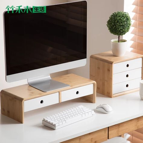 Computer Riser Display Desktop Drawer Storage Box Desk Shelf Notebook Monitor Stand _ - AliExpress Mobile Office Stationary Organization, Monitor Stand Diy, Electronics Aesthetic, Computer Riser, Home Shopping List, Desktop Drawers, Office Stationary, Monitor Riser, Wooden Rack