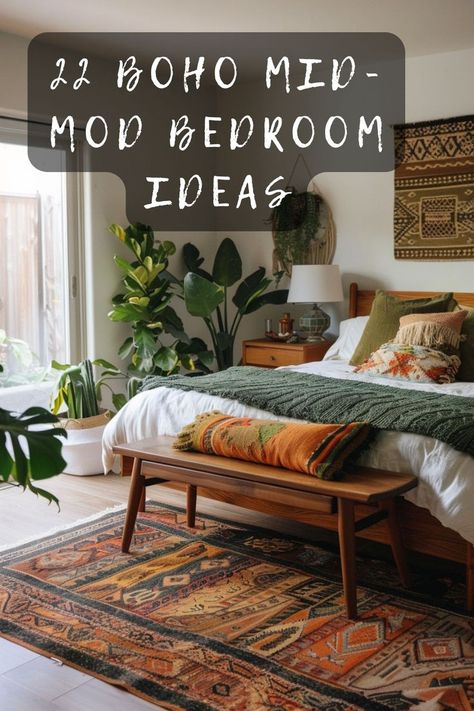 Looking to update your bedroom with a blend of bohemian and mid-century modern styles? Check out these 22 stunning ideas that perfectly marry the two aesthetics. From vibrant textiles to sleek furniture, find inspiration to transform your space. Click to explore the ultimate boho mid-mod bedroom makeover. 🛏️✨ #BohoBedroom #MidCenturyModern #HomeDecor #InteriorDesign #BedroomInspiration Mid Century Modern Small Bedroom Ideas, Green And Rustic Orange Bedroom, Townhome Decorating Ideas Master Bedrooms, Bright Bedroom Design, Mustard Yellow Comforter Bedroom, Mid Century Modern Dark Bedroom, Modern Boho Bedroom Furniture, Cozy Modern Boho Bedroom, Bedroom Board Ideas