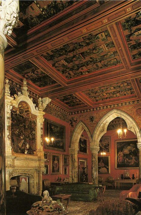 The Spanish Gothic grandeur of the drawing room at Mount Stuart House in Scotland. Spanish Gothic, Gothic Interior Design, Gothic Mansion, Gothic Interior, Abandoned Mansions, Mansion Interior, Gothic Decor, Elegant Interiors, Gothic Architecture