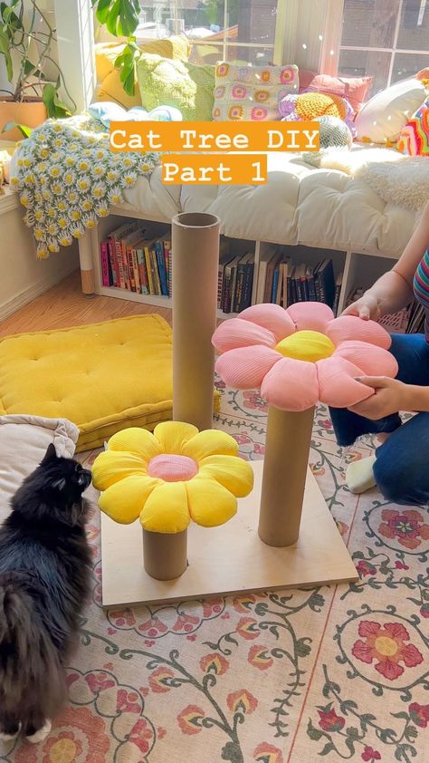 Cat Tree DIY: Part 1💕🐈‍⬛ 🌼Flower pillows are linked on my storefront | Instagram Cute Cat Tree Diy, Cat Tree Flower, Flower Cat Tree Diy, Unique Cat Tree Diy, Diy Cat Tree Easy Cheap, Cat Tree Cute, How To Make A Cat Tree, Cute Cat Trees, Make A Cat Tree