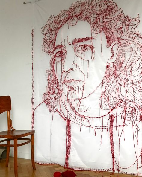 Ewa Cieniak: Artist and advocate in thread - TextileArtist.org Drawing With Sewing Machine, Stitched Portraits, Embroider Canvas, Textiles Artists, Embroidered Text, Embroidery Artists, Embroidery On Canvas, Embroidery Machine, Text Portrait