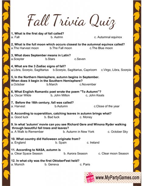 Free Printable Fall Trivia Quiz Autumn Trivia Questions And Answers, October Trivia For Seniors, October Senior Living Activities, Fall Trivia For Seniors, Fall Icebreaker Games, Fall Senior Activities, Fall Games For Seniors, Free Trivia Questions And Answers, Fall Trivia Questions And Answers