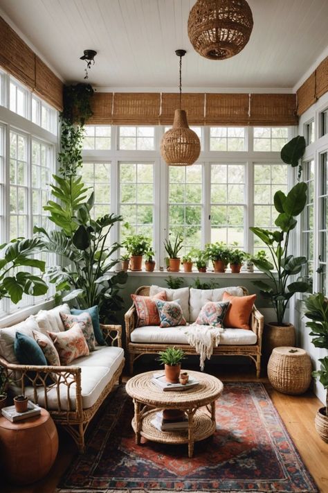 Sunroom Seating Area, Cozy Sunroom Ideas Reading Room, Relaxing Sunroom Ideas, Mini Sunroom, Sunroom Bohemian, Sunroom Ideas Plants, Sunroom With Plants, Indoor Sunroom Furniture Ideas, Cozy Sunroom Decorating Ideas