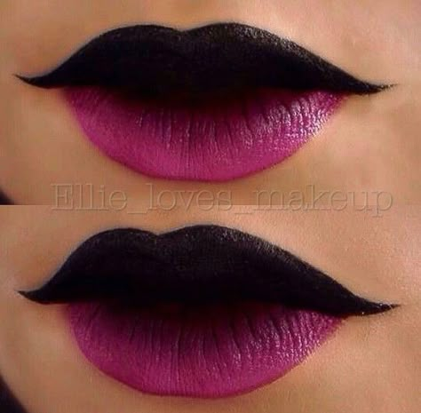 Black and pink ombre two tone lips #makeup Top Lip Black Lipstick, Dark Upper Lip Lipstick, Black Pink Lipstick, Top Black Lip Makeup, Pink And Black Halloween Makeup, Pink And Black Make Up Looks, Pink And Black Lipstick, Top Lip Lipstick, Two Toned Lipstick