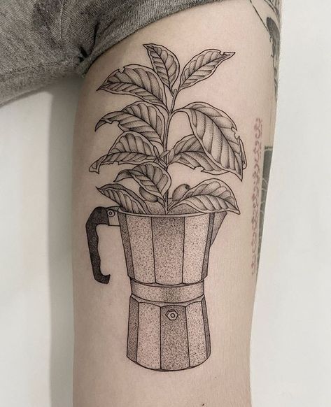 Espresso Maker Tattoo, Coffee Grinder Tattoo, Percolator Tattoo, Moka Pot Tattoo, Traditional Coffee Tattoo, Coffee Pot Tattoo, Barista Tattoo Ideas, Coffee Tattoo Design, Coffee Lover Tattoo