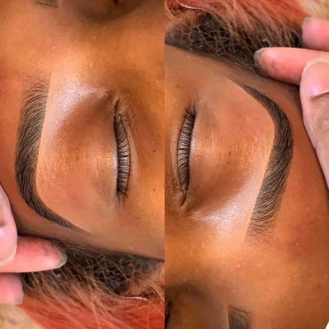 High Arched Eyebrows Microblading, Black Woman Eyebrows, Threaded Eyebrows Black Women, Eyebrow Shaping Black Women, Tinted Brows Black Women, Brow Tint Black Women, Ombre Brows Black Women, Brow Tint Aesthetic, Microblading Eyebrows Black Women