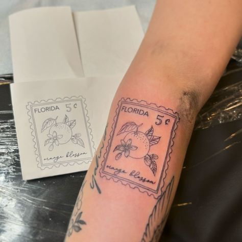 florida stamp tattoo • Instagram Georgia Stamp Tattoo, Mexico Stamp Tattoo, State Stamp Tattoo, Florida Stamp Tattoo, Stamp Tattoo Sleeve, Travel Stamp Tattoo, Postage Stamp Tattoo Ideas, Florida Tattoo For Women, Postal Stamp Tattoo